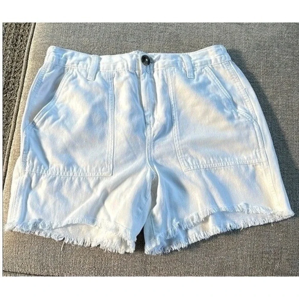 Aerie White Denim Shorts Frayed Hem Lyocell Linen Blend High‎ Waist Small